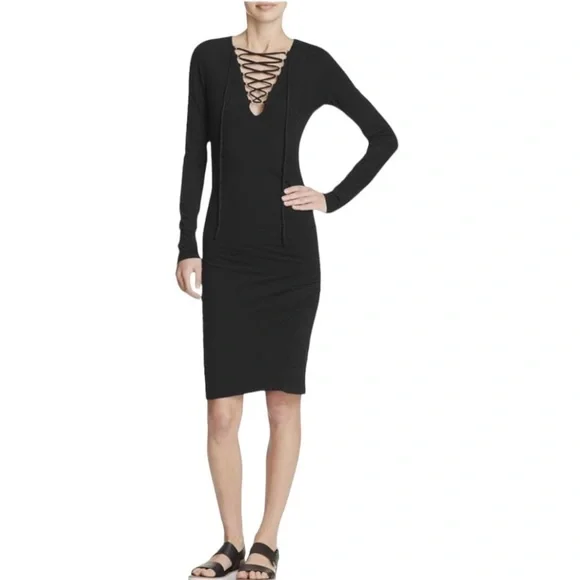Pam & Gela Lace up Ruched Black Dress Long Sleeves - Picture 6 of 15